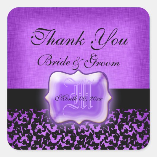 Sticker Carré Violet noir "merci" mariage damask (Devant)