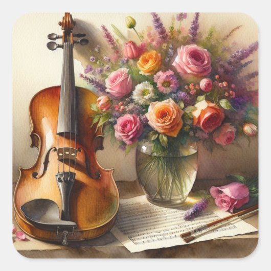 Sticker Carré Violon, Partition et un Vase de Fleurs (Devant)