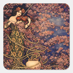 Sticker Carré Violoniste Art Nouveau dans les Fleurs – Floral Vi