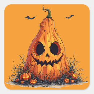 Sticker Carré Visage de citrouille grimaçant Halloween effrayant