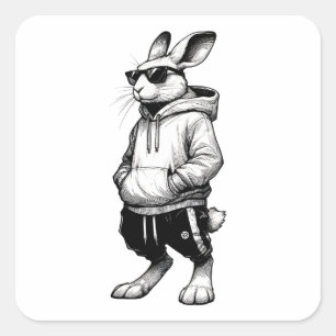 Sticker Carré Visage De Lapin Avec Lunettes De Soleil Joyeux Jou