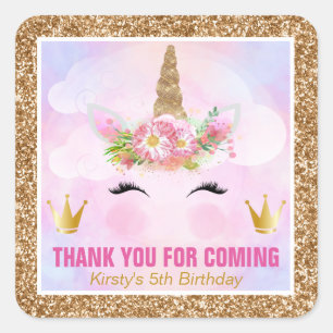Sticker Carré Visage de licorne mignonne et joyeux anniversaire