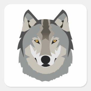 Sticker Carré Visage de loup gris mignon et Cool, animal illustr