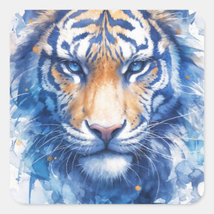 Sticker Carré Visage Majestueux de Tigre aux couleurs bleu et or