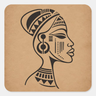 Sticker Carré Visage tribal africain abstrait | Art linéaire min