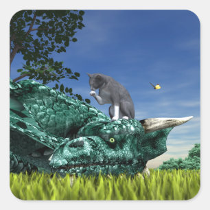 Sticker Carré Visiteur surprise - Chat mignon sur la tête du dra