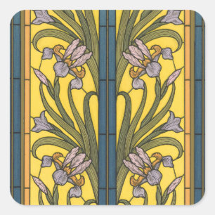 Sticker Carré Vitrail Art Nouveau Fleur d'Iris Bleu Or