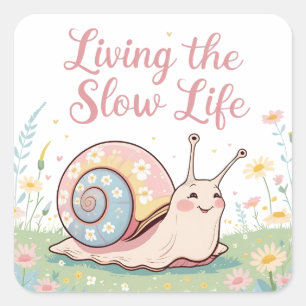 Sticker Carré Vivre une vie lente   Pastel Floral Snail
