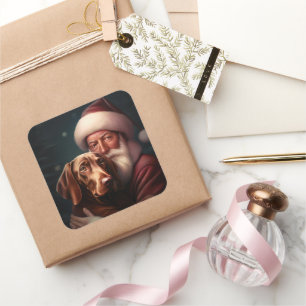 Sticker Carré Vizsla avec le Père Noël Festif de Noël