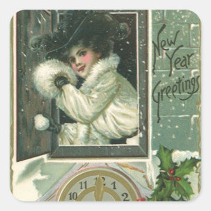 Sticker Carré Vœux de Nouvel An vintage, fenêtre de jeune fille
