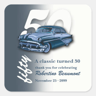 Sticker Carré Voiture Bleue Classique de Voyage Fête son 50e Ann