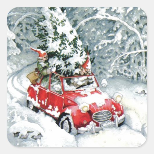 Sticker Carré Voiture de Noël Vintage (Devant)