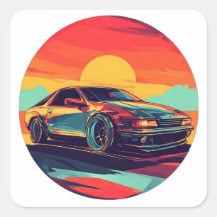 Sticker Carré Voiture de sport rétro avec fond de coucher de sol