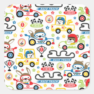 Sticker Carré Voitures de course et caricature animale Motif Arr