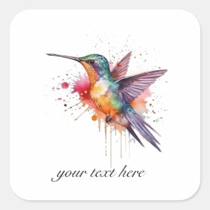Sticker Carré Vol coloré, aquarelle colibri personnalisé