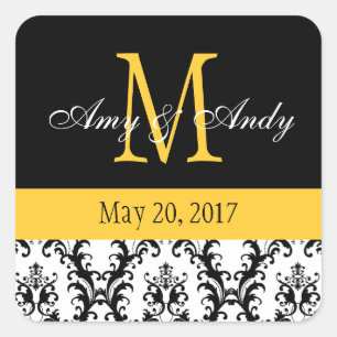 Sticker Carré Votre Monogramme, Sauvez la date Damas Noir Jaune