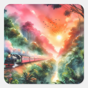 Sticker Carré Voyage en train au coucher de soleil tropical aqua