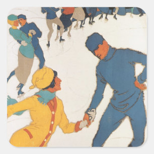 Sticker Carré Voyage Vintage, Art Déco, Davos Suisse Hiver