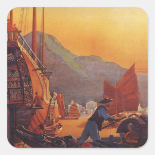 Sticker Carré Voyage Vintage, Avion au-dessus des jonques à Hong