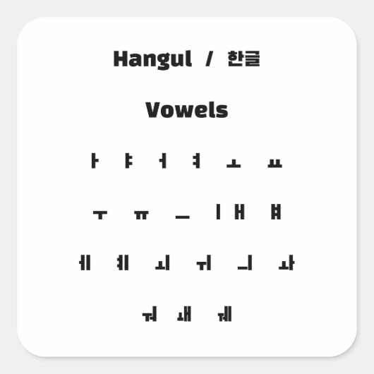 Sticker Carré Voyelles Hangul / 한 모 글 음 (Devant)