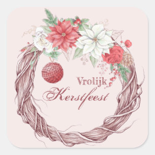 Sticker Carré Vrolijk kerstfeest Blanc et Rouge Poinsettia