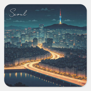Sticker Carré Vue nocturne de Séoul Corée du Sud
