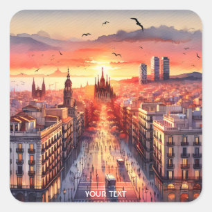 Sticker Carré Vue sur le coucher de soleil de Barcelone Imaginai