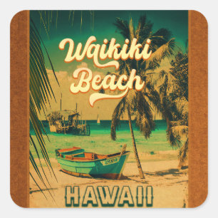 Sticker Carré Waikiki Beach Hawaii Palmiers Vintages Souvenir