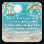 Sticker Carré Warmer Wonderland Tropical Beach Christmas<br><div class="desc">Des autocollants de Noël tropicaux et fantaisistes (ou phoques d'enveloppe) sont munis d'une plage claire de la lune avec des coquillages et du sable scintillant, des palmiers et un navire naviguant dans la mer turquoise. Les paroles sont à l'air de "Winter Wonderland" mais avec une touche tropicale qui dit :...</div>