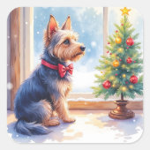 Sticker Carré Watercolor Australian Terrier Tabletop Christmas (Devant)