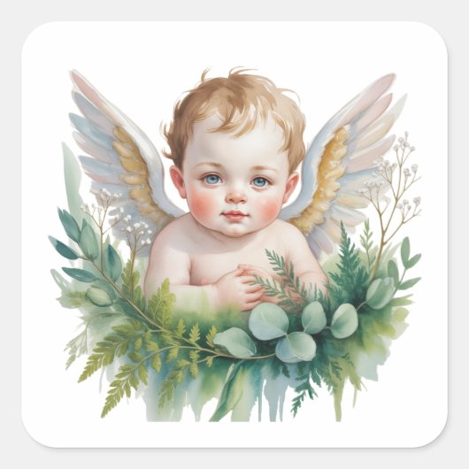 Sticker Carré Watercolor Baby Angel with Greenery Baptism  (Devant)