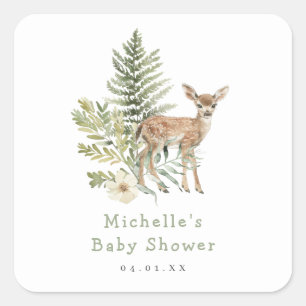 Sticker Carré Watercolor Baby shower de cerfs de bois