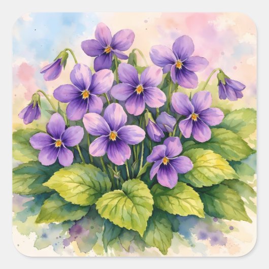 Sticker Carré Watercolor Blooming Purple Violets (Devant)