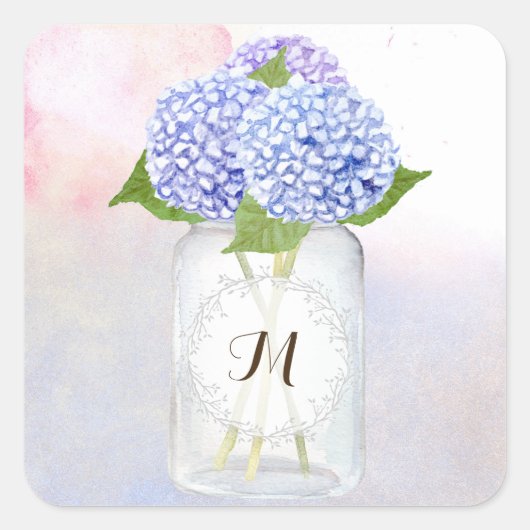 Sticker Carré Watercolor Blue Hydrangeas et Mason Jar Mariage (Devant)