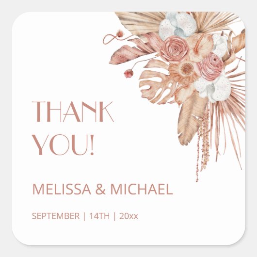 Sticker Carré Watercolor Boho Wedding Thank You (Devant)
