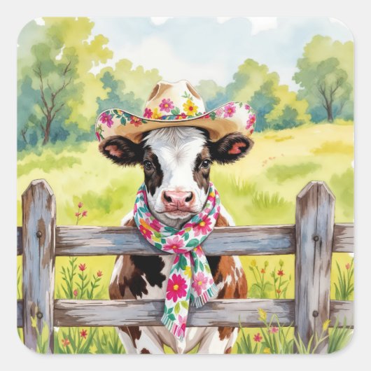 Sticker Carré Watercolor Cow Wearing a Summer Hat (Devant)