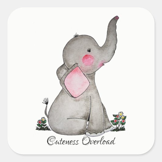 Sticker Carré Watercolor Cute Baby Elephant With Blush & Flowers (Devant)