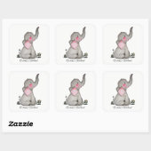 Sticker Carré Watercolor Cute Baby Elephant With Blush & Flowers (Feuille)