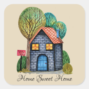 Sticker Carré Watercolor cute Home Sweet Home Art