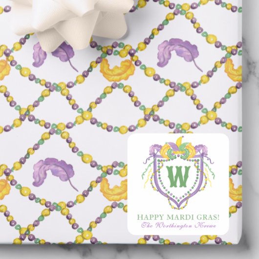 Sticker Carré Watercolor Mardi Gras Monogram Crest