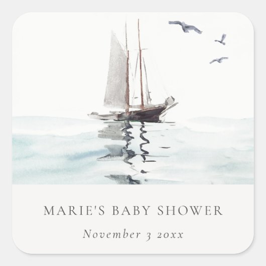 Sticker Carré Watercolor Nautical Voile Baby shower (Devant)