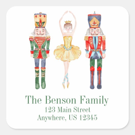 Sticker Carré Watercolor Nutcracker Ballet Adresse de retour (Devant)