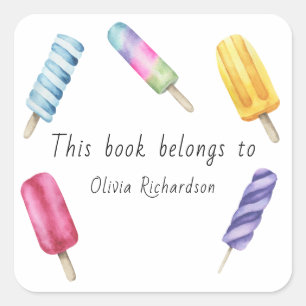 Sticker Carré Watercolor Popsicle Ce livre appartient à