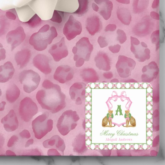 Sticker Carré Watercolor Preppy Leopard Christmas Monogram Crest