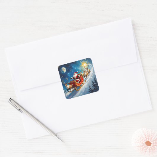 Sticker Carré Watercolor Santa on Sleigh Christmas (Enveloppe)
