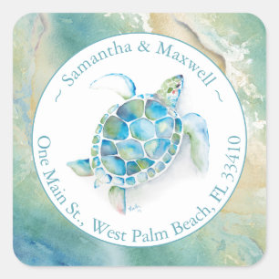 Sticker Carré Watercolor Sea Turtle & Beach Return Adresse
