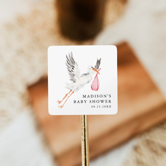 Sticker Carré Watercolor Stork Pink Girl Baby Shower