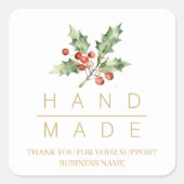 Sticker Carré Watercolor Style Holly Branches Handmade Quote (Devant)