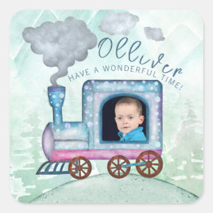 Sticker Carré Watercolor Train photo de fête d'anniversaire