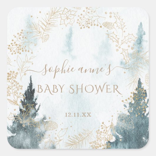 Sticker Carré Watercolor Winter Scenery Baby shower or (Devant)